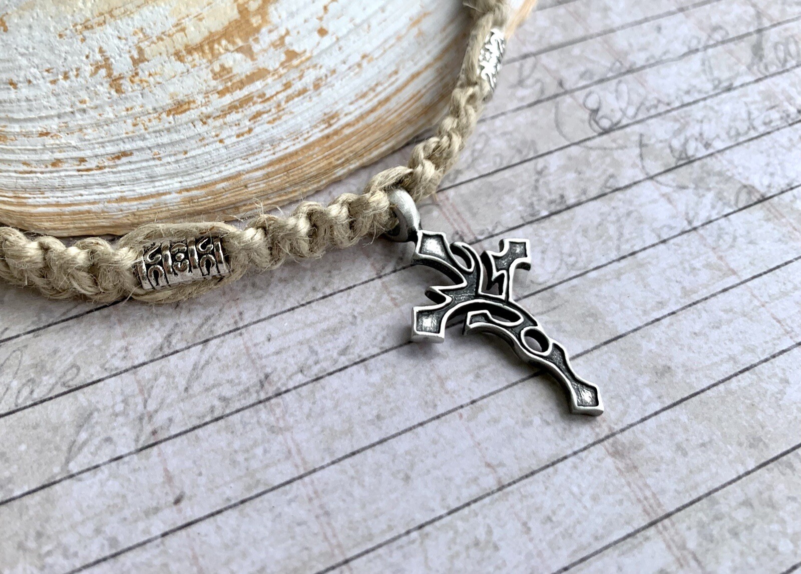 Hemp Surfer Necklace with Pewter Cross Mens Jewelry