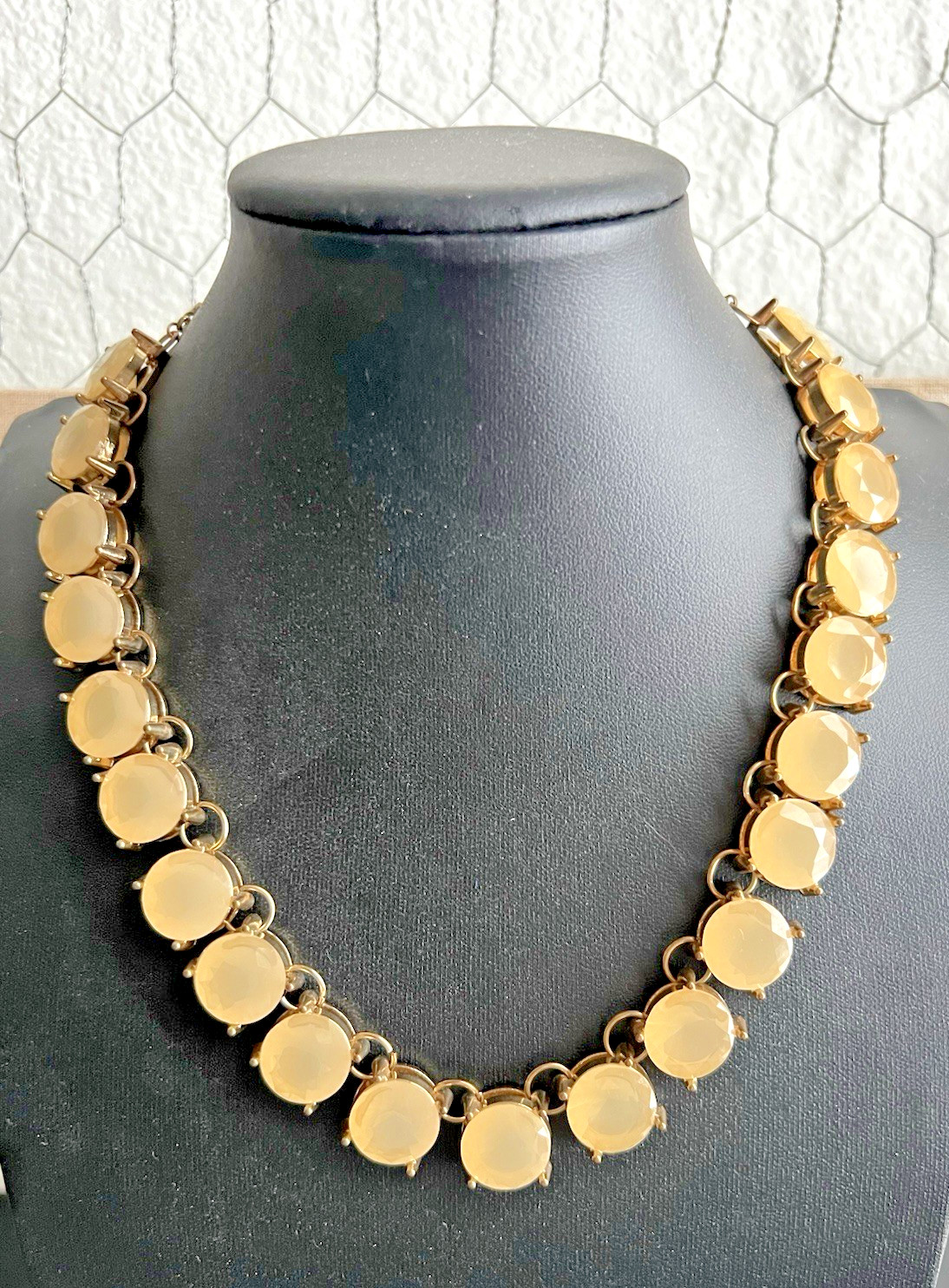 Vintage Statement Necklace Gold Tone Faceted Cream Champagne Glass Cabochon