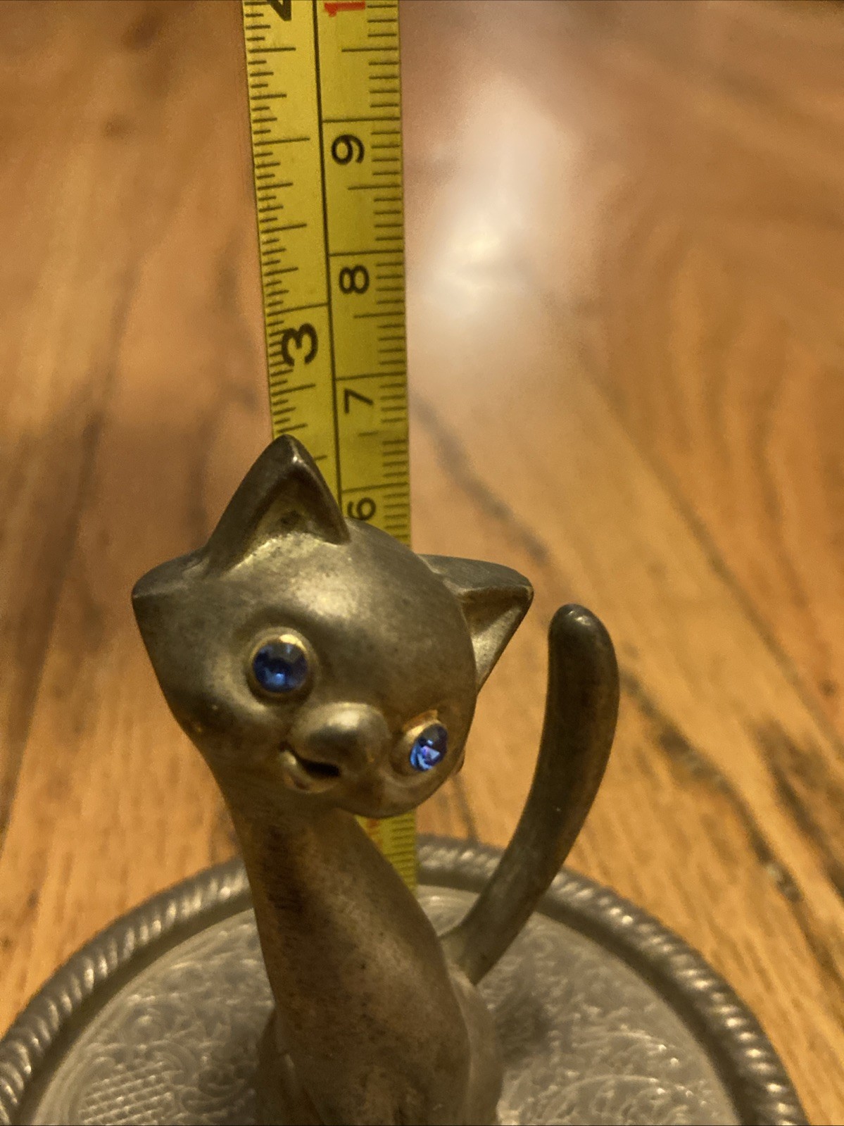 Vintage EP Zinc Alloy SILVER Plated Cat Kitty Kitten Ring Holder BLUE EYES