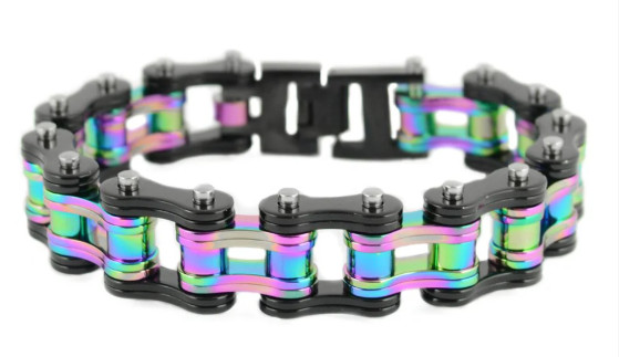 Stainless Steel Motorcycle Bike Chain Bracelet Black & Iridescent 235