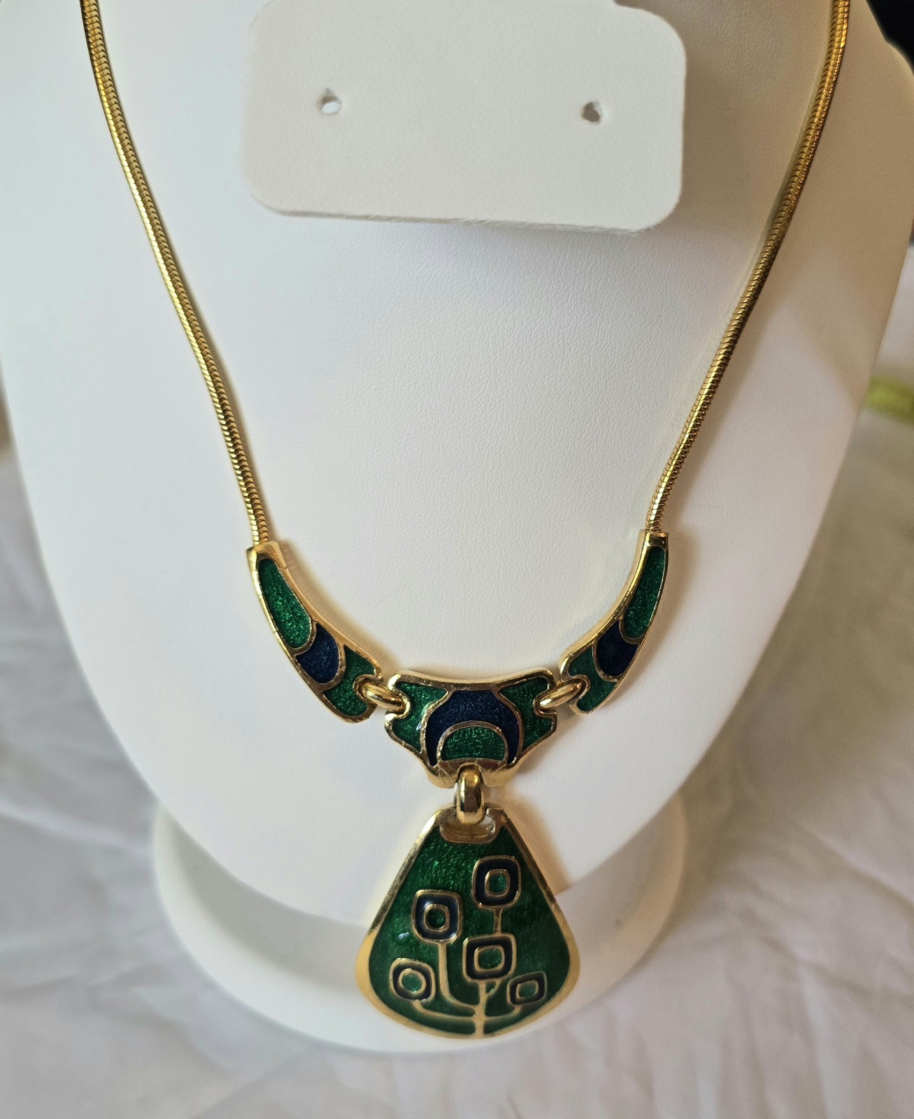 Vintage 1970s Blue & Green Enamel Gold Tone Collar Necklace, made in Thailand