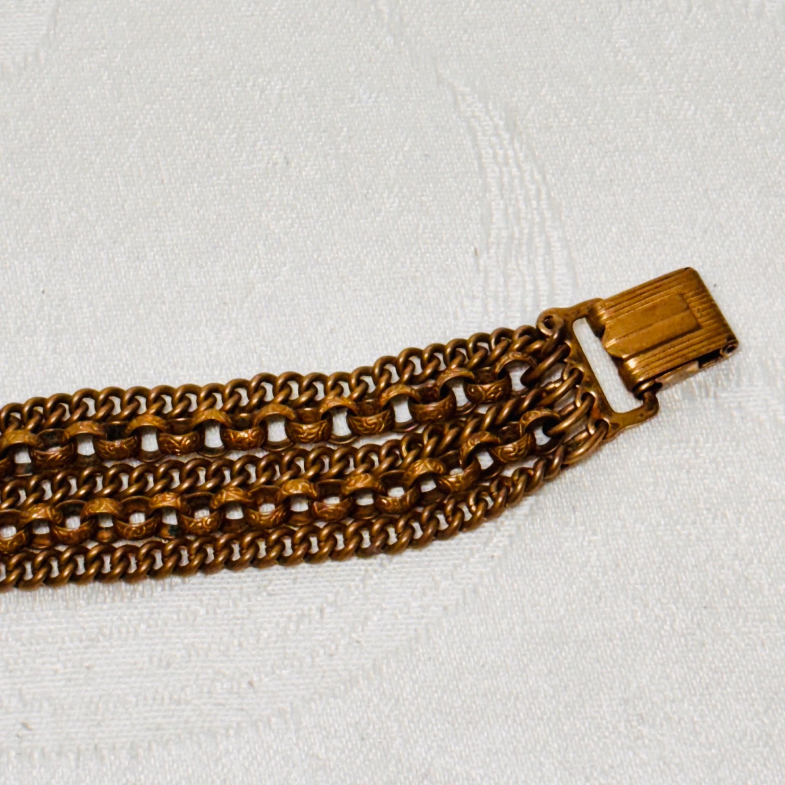 BRACELET brass metal five cable curb chains fold over clasp vintage 6 1/4″ circ