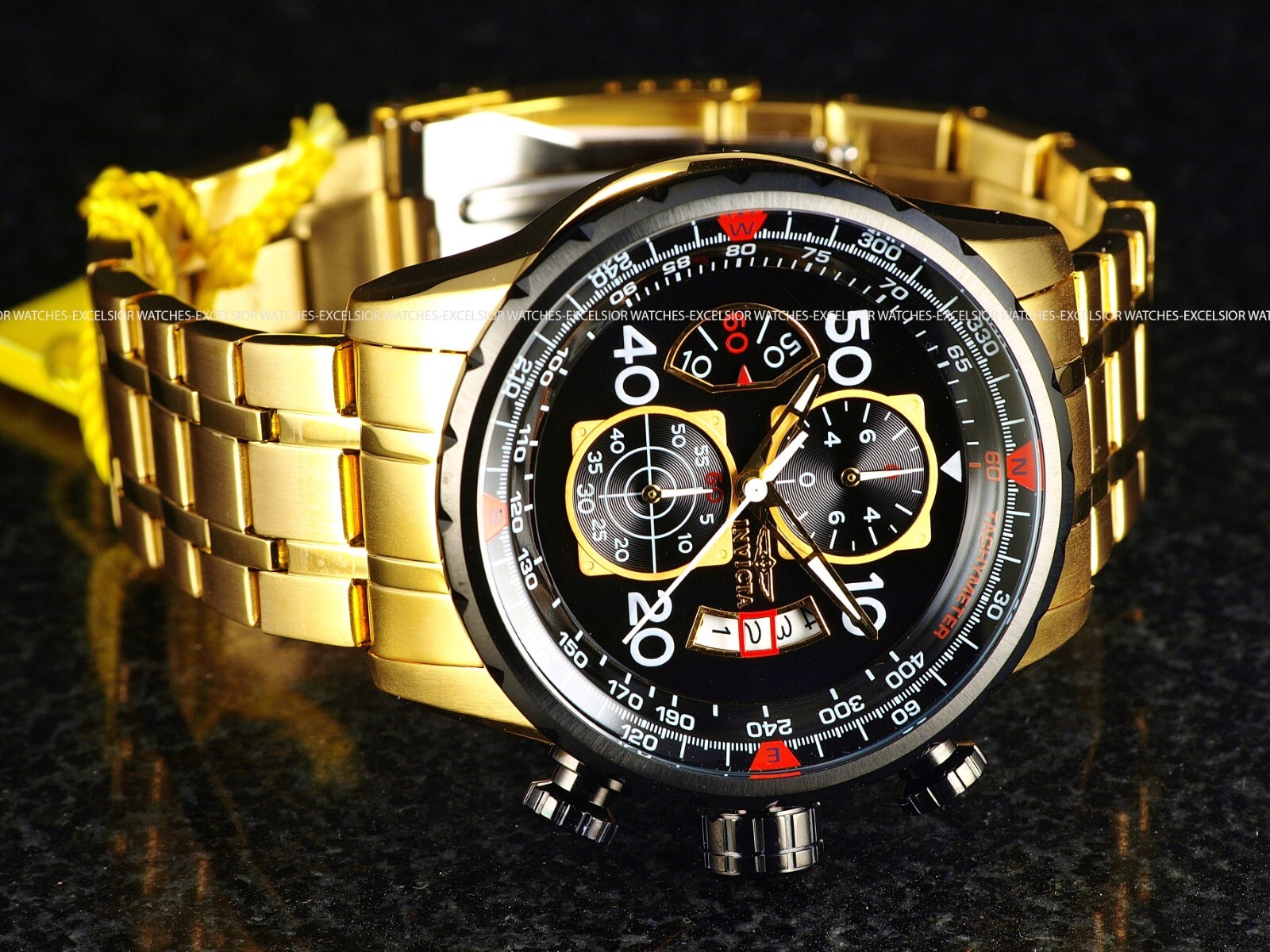 New Invicta Men’s AVIATOR CHRONOGRAPH Quartz Gold Tone SS 48mm Blue Dial Watch
