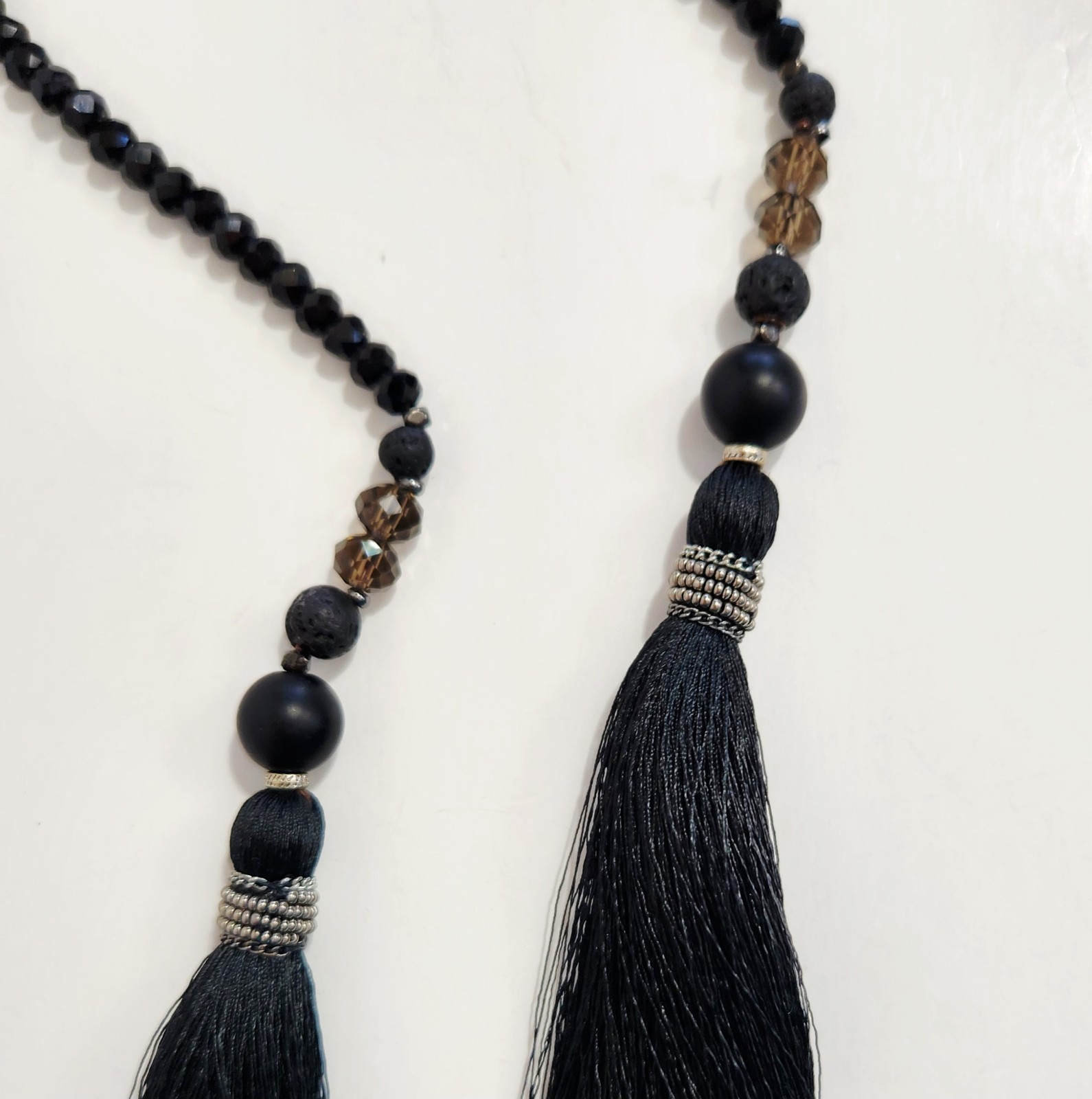 Long Black Crystal Beaded Tassel Lariat Necklace Silver Tone Accents 52″ Flapper