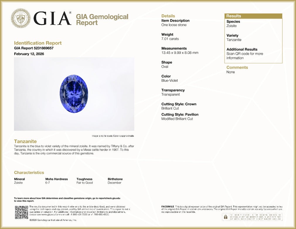 GIA Certified 7.01 ct AAAA Oval (13.45 x 9.99 mm) Natural D’Block Tanzanite