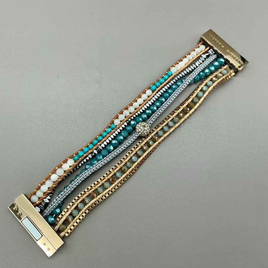 Victoria Emerson Bracelet Multi Strand Teal Beaded Crystal Leather Magnetic 7.5″