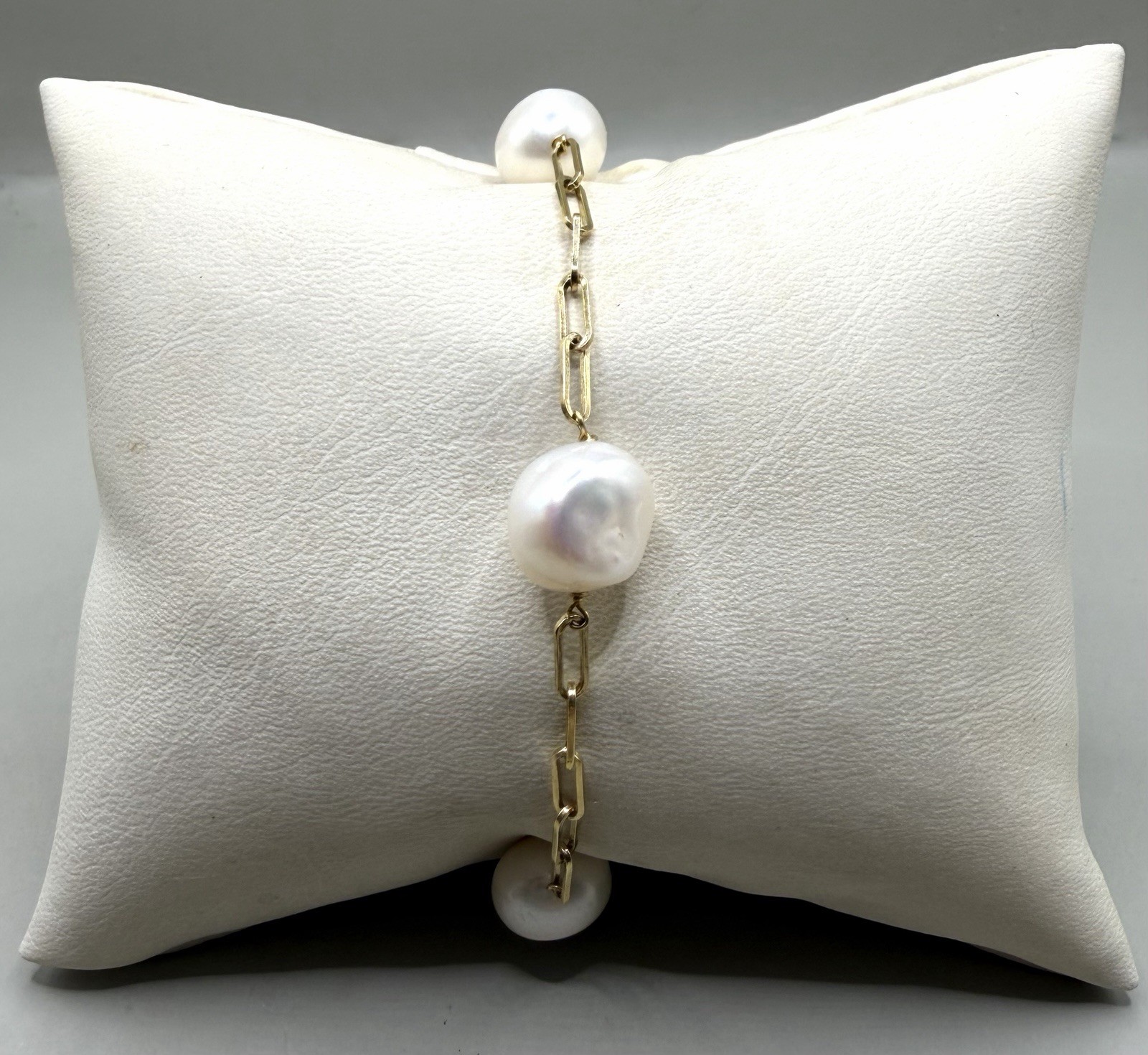 Sterling Silver Vermeil 10.3mm Cultured Pearl Paperclip Chain Bracelet 7.5-8.25”