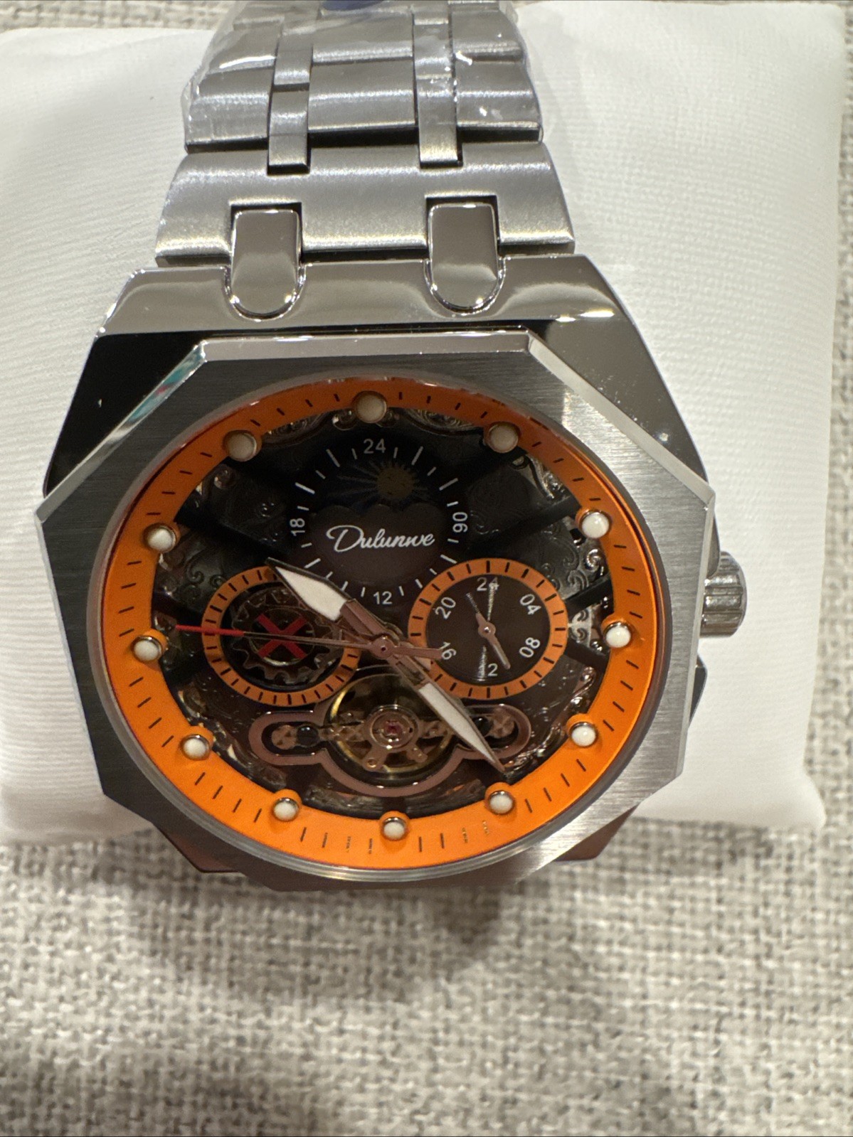 Automatic Skeleton Mechanical Moon phase Men’s Watch Orange Dial Stainless