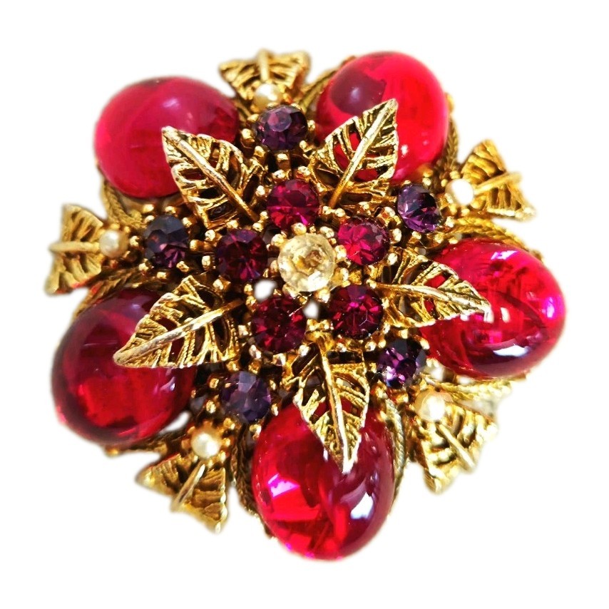 Vintage 60’s Arthur Pepper ART Brooch Red Glass Cabochons Faux Pearl Jelly Belly