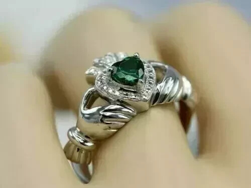 2.2CT Heart Cut Lab Created Emerald Claddagh Engagement Ring 925 Sterling Silver