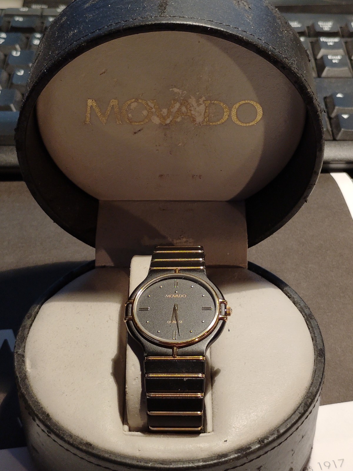 Movado The Museum Unisex Watch Black & 18 K Gold Links 1980’s Stunning