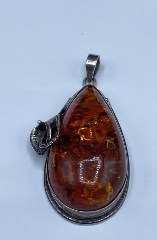 Sterling Silver 925 Cognac Amber Teardrop Pendant Floral Calla Lily 2.75″ 28.5g
