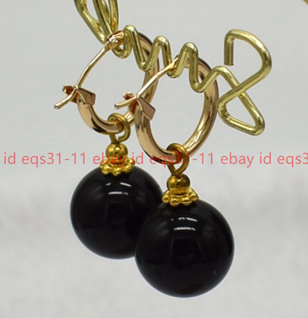 Classic Noblest 12mm Black Agate Round Gemstone Beads Leveback Earrings