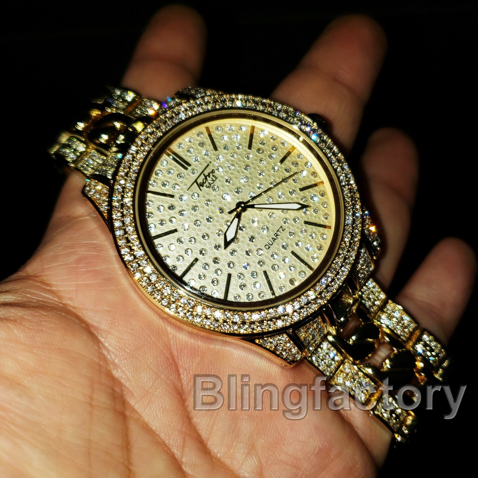 Men Hip Hop Iced Bling Gold PT Rapper’s Bling Lab Diamonds Metal Band Watch