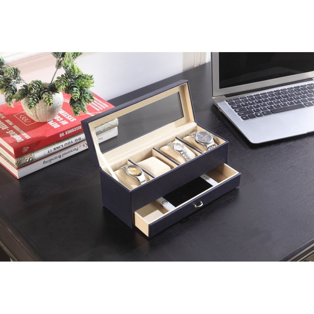 9.3 Inch Leather Jewelry Watch Display Case Tempered Glass Top With Drawers