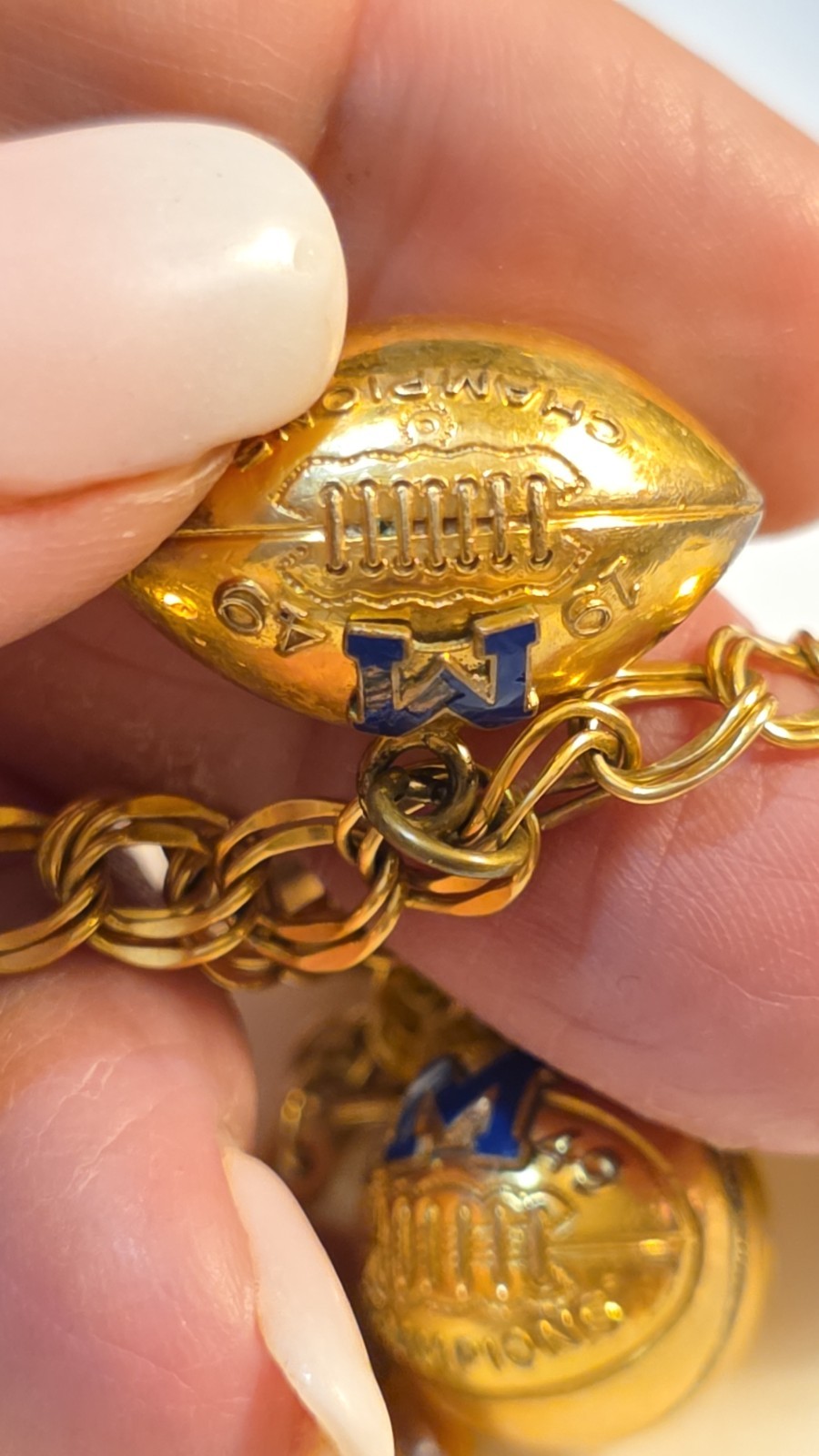 1940s & 1950s 12K GF Spartan Charm Bracelet Gold Football Basketball GTE Charm