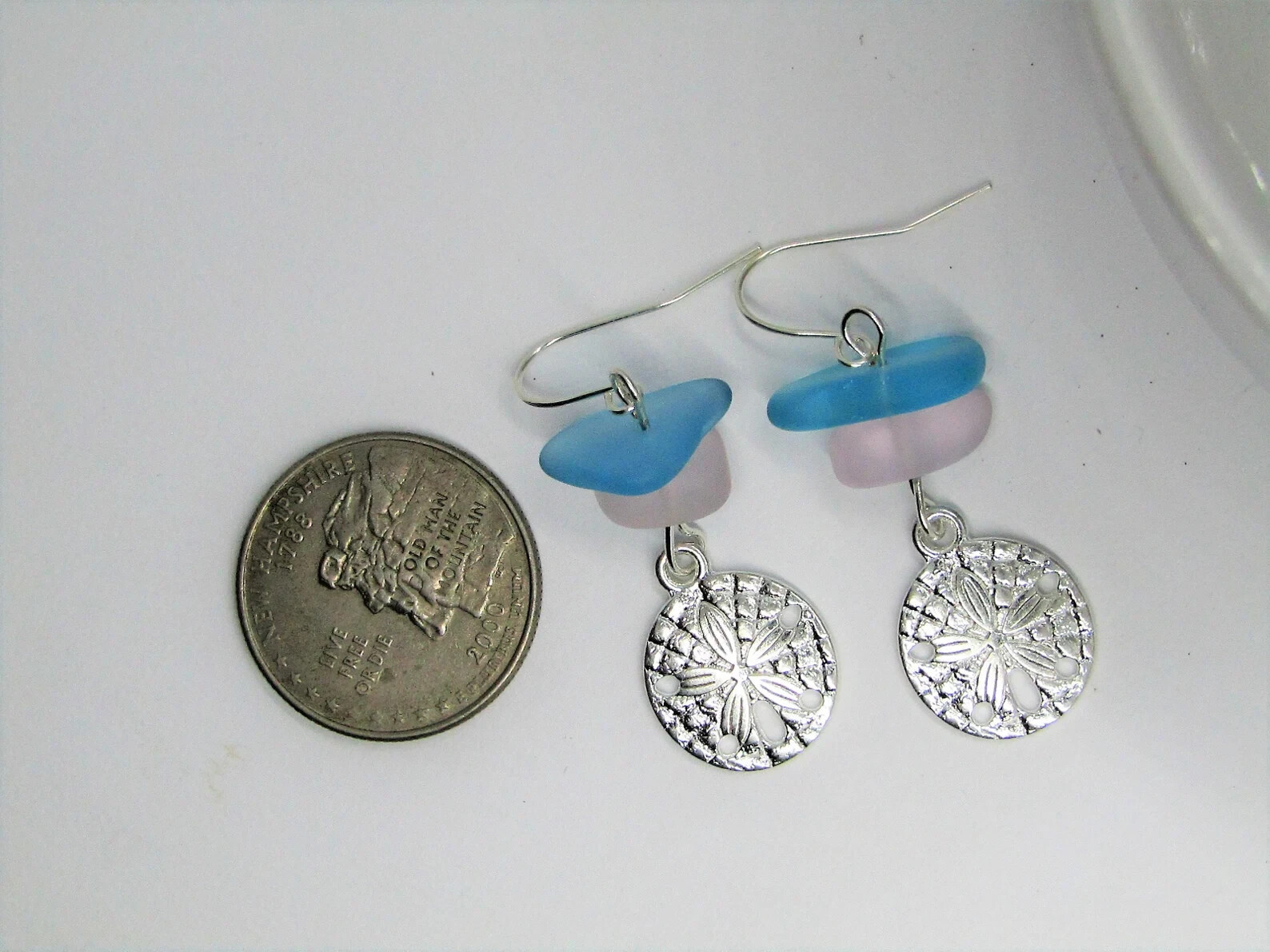 Frosted Pink & Blue Green Sea Glass Beach Stone Pebble Silver Charm SAND DOLLAR