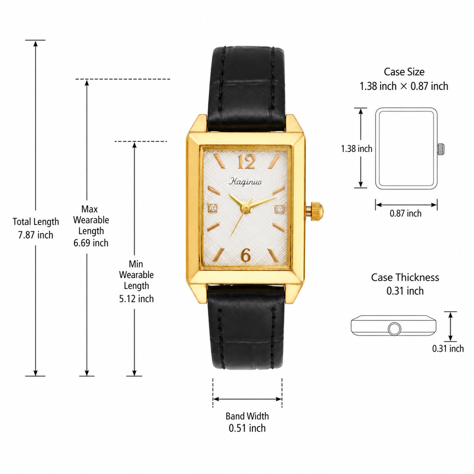 Women Business Rectangle Rhinestone PU Leather Band Wrist Watch for Daily Office