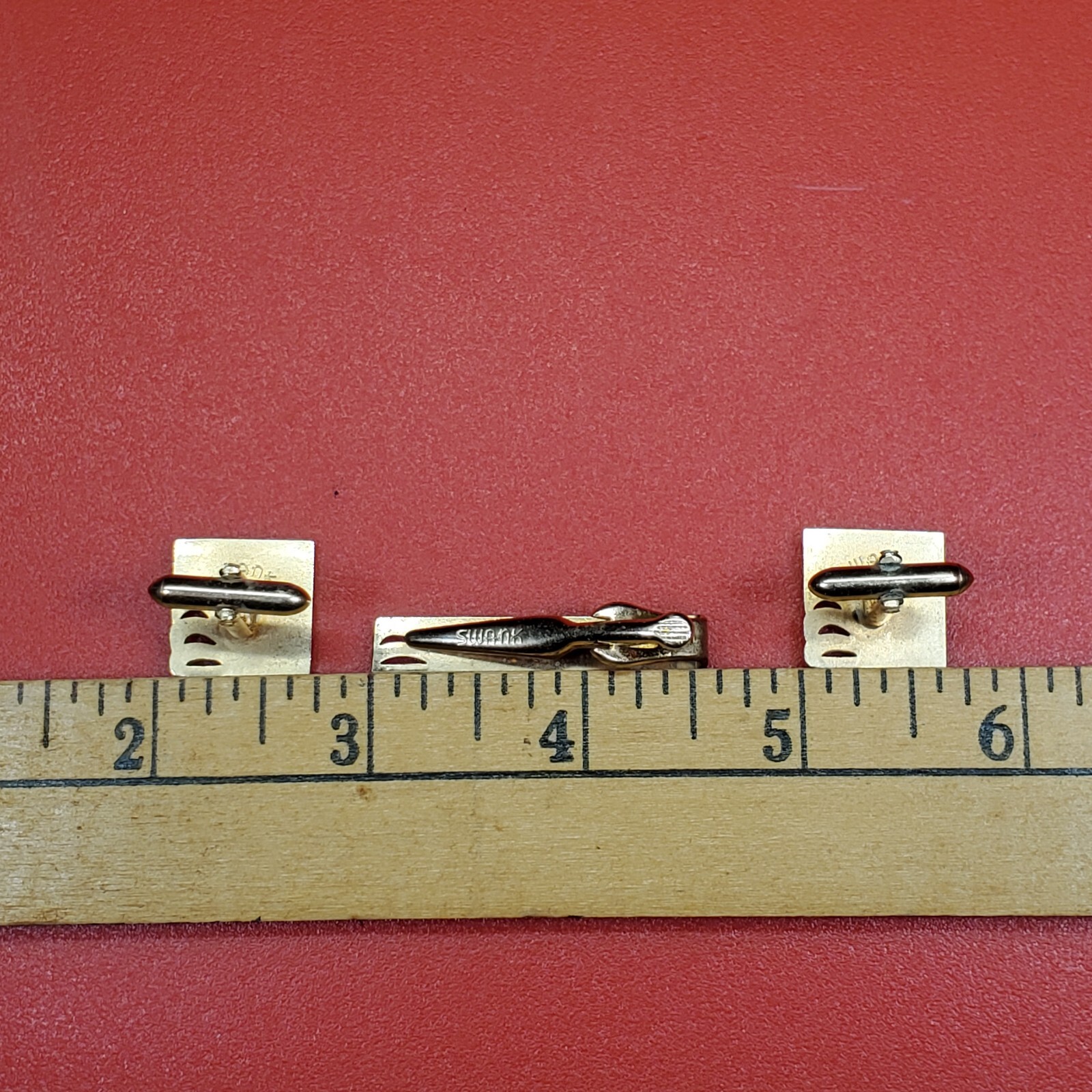 SWANK Cufflinks Square Gold Tone Cuff Links w/ Tie Bar Bullet Back Vintage