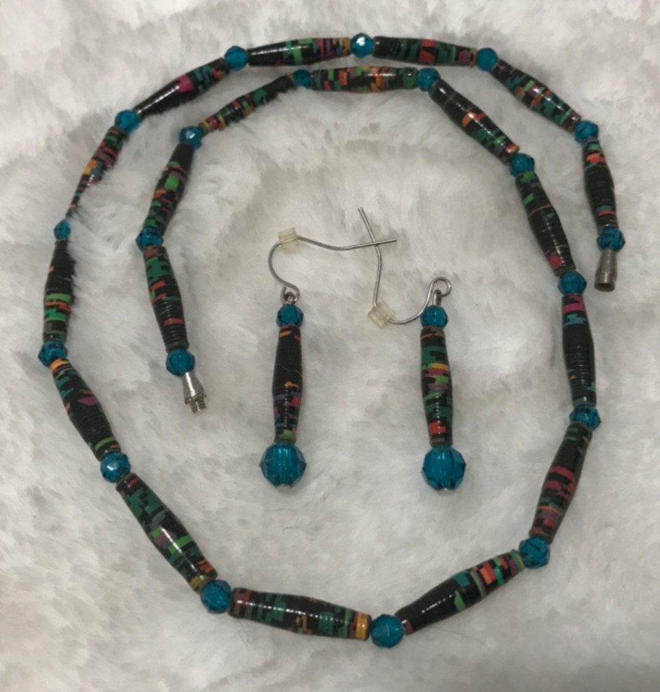 Artisan Unique Rolled Varnished Tube Paper Earrings Necklace Set