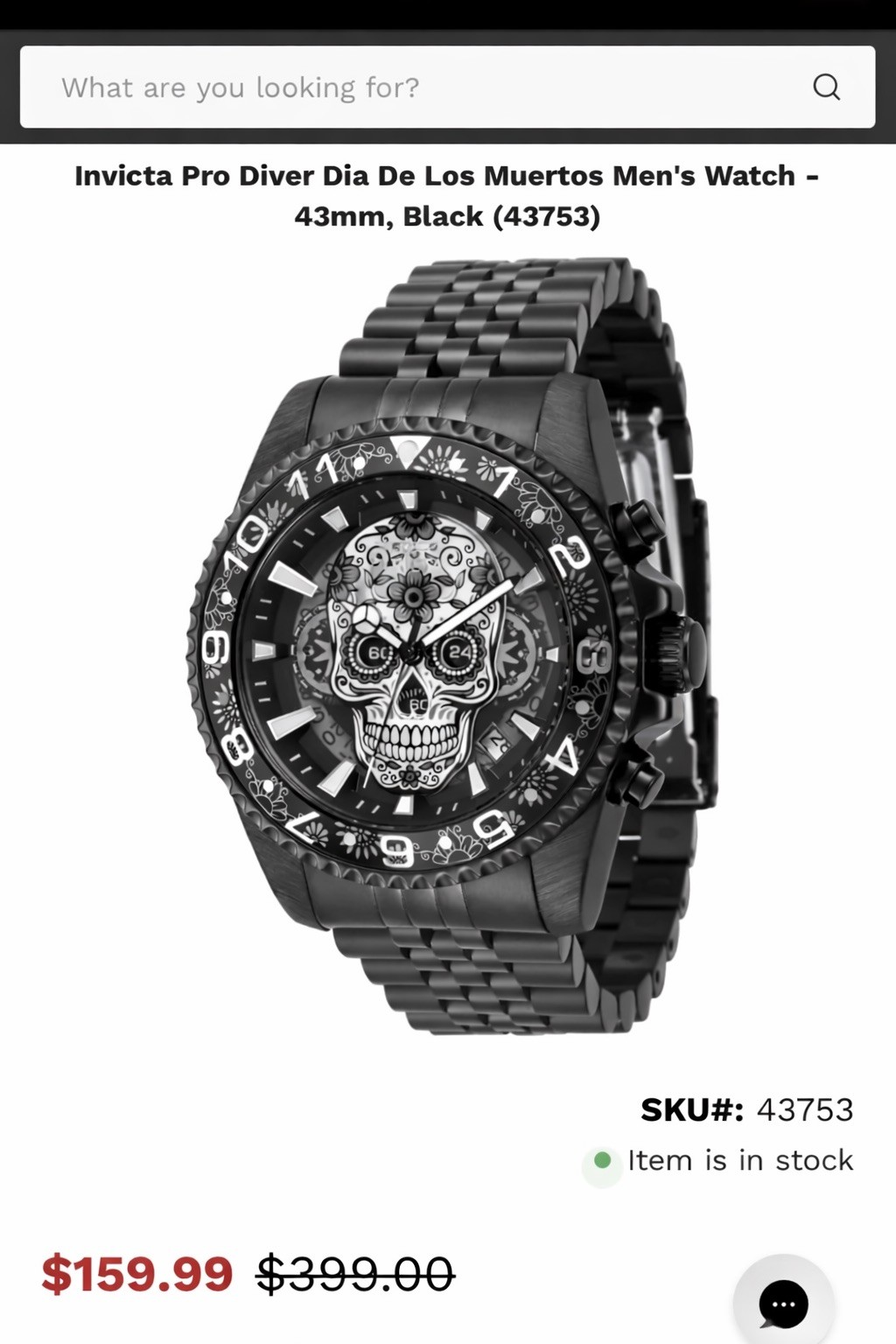 Invicta 43753 Dia De Los Muertos Men’s Black Skull Watch 43mm, jubilee bracelet