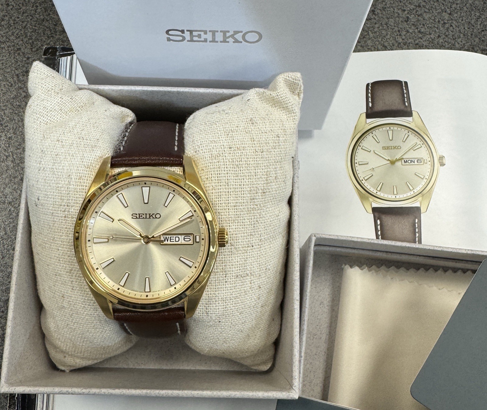 Seiko Quartz Classic Men’s Gold Tone Leather Strap Watch SUR450 Made In Japan