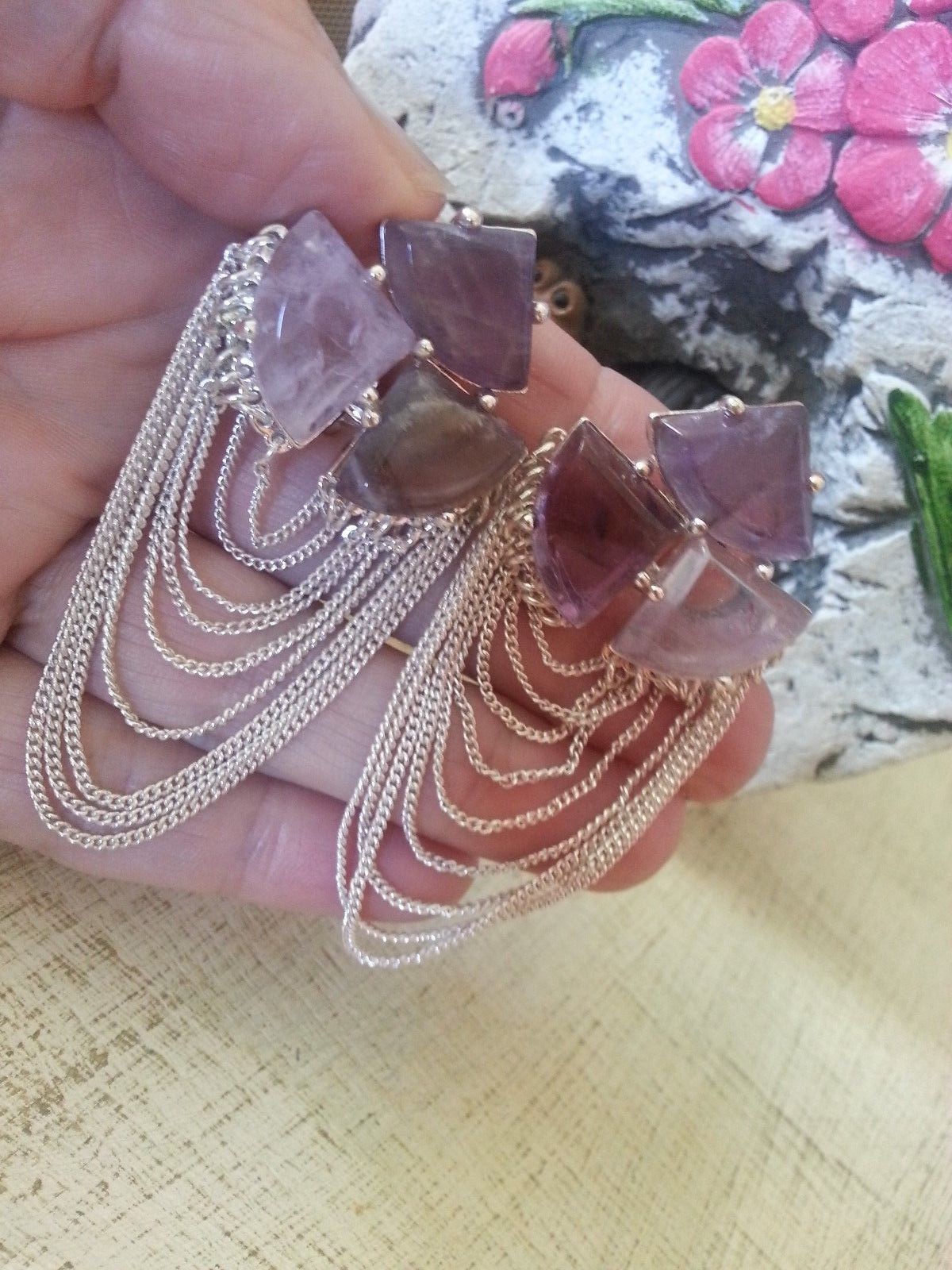 Monet Silver Plated Chain Swag & Three Triangle Amethyst Stones Pierced E’rings