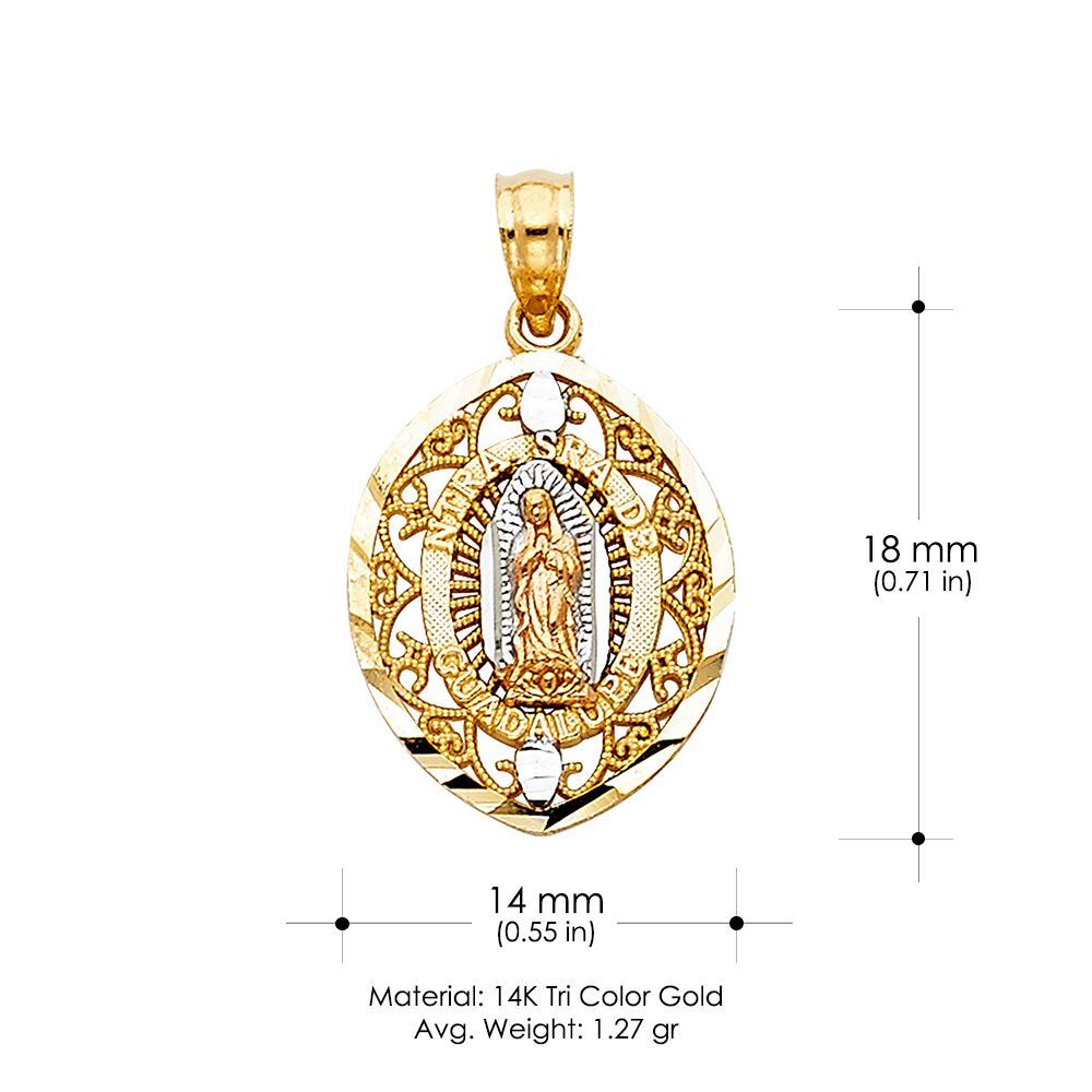 14K 3 Color Gold Our Lady of Guadalupe Pendant & 1.2mm Singapore Chain Necklace