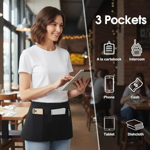 Server Aprons Waitress Aprons with 3 Pockets – Black Polyester B-01 Pack Black