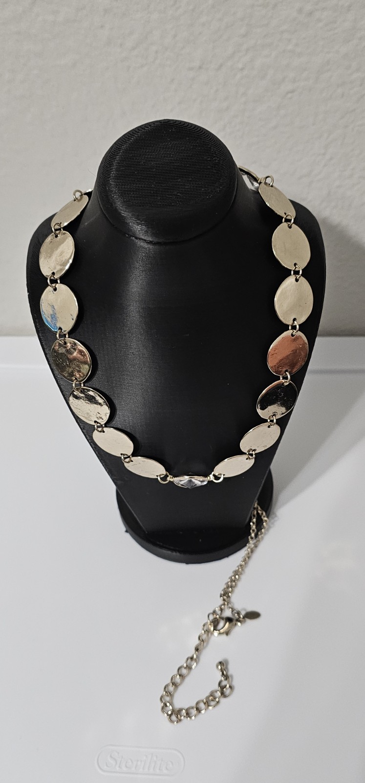Chicos Gold Disc Statement Necklace Layered Coin Rhinestone Crystal Multi Strand