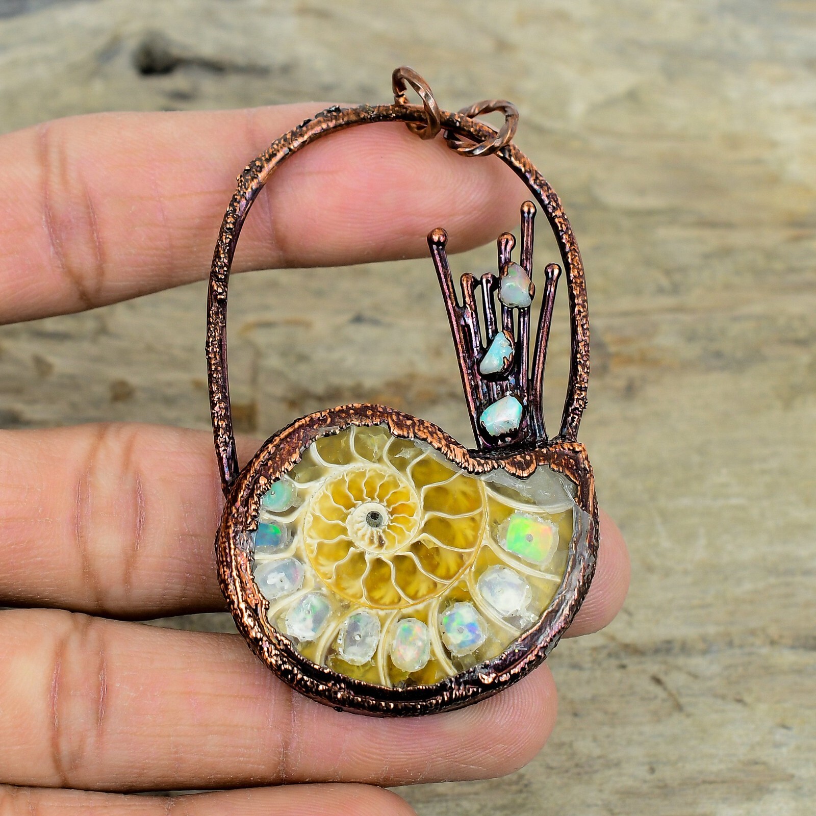 Natural Ethiopian Opal In Ammonite Fossil Birthday Electroformed Pendant Copper