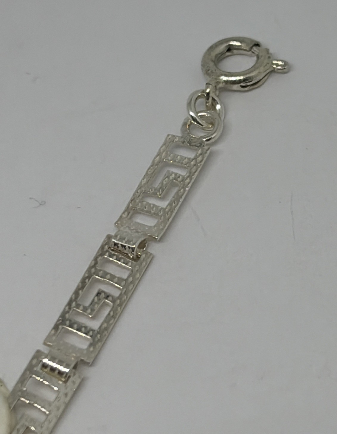 NWT VTG Silvertone Greek Key 4mm Wide Rect Link Bracelet 7-1/2″ w/ Spring Ring