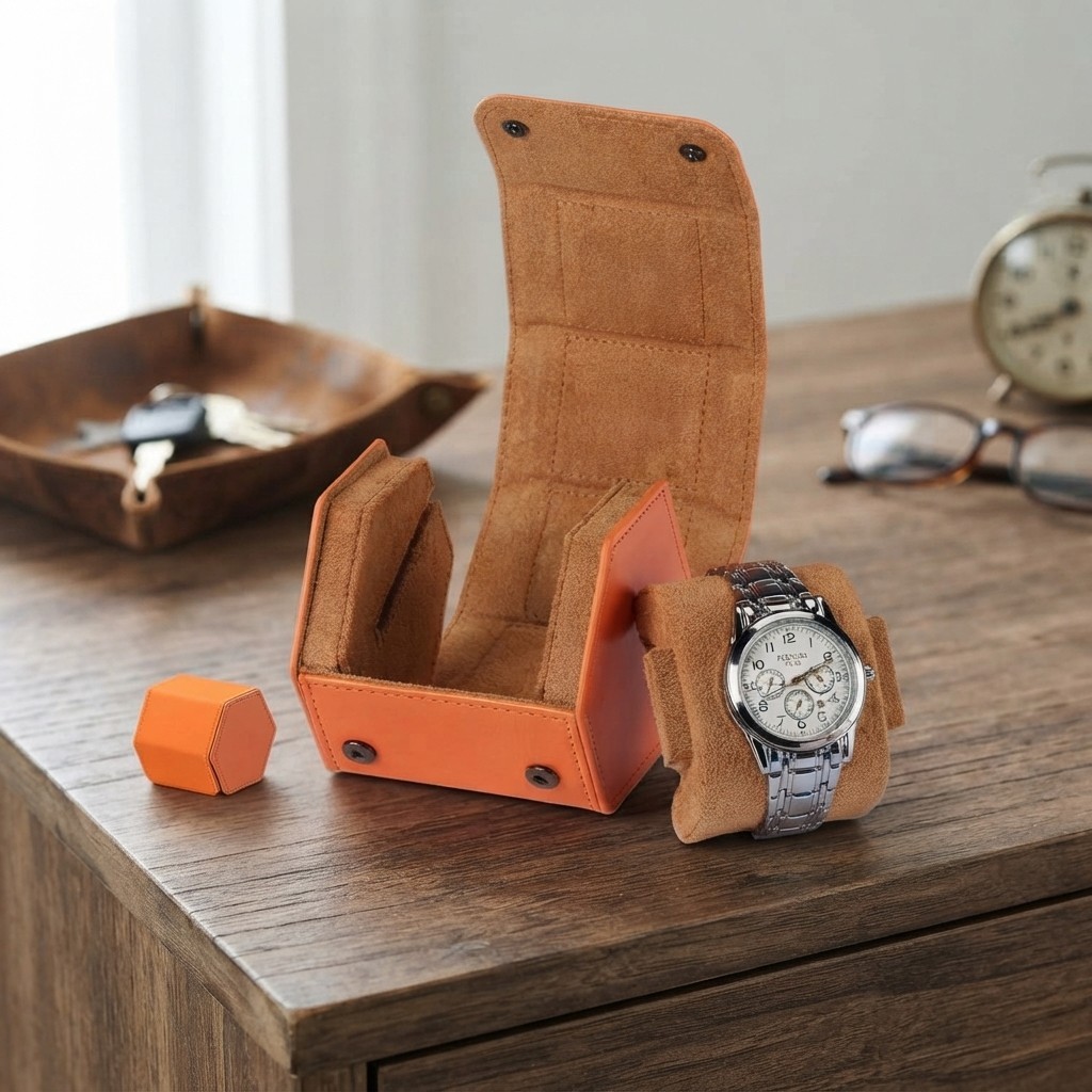 Orange Leather Watch Travel Case with Removable Cushions – Gift Ready