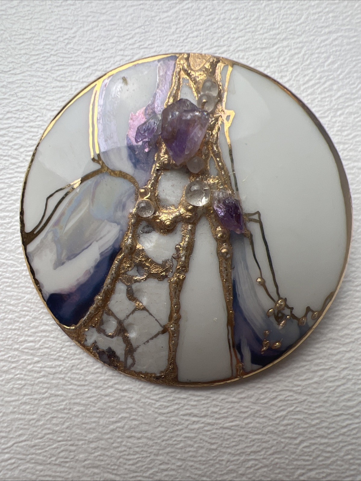Vintage Liv Bjordal Signed & Amethyst Gold Abstract Purple & White Brooch- 2 in