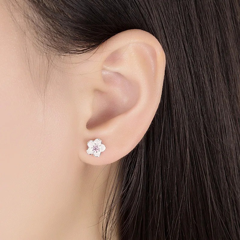 925 Sterling Silver Pink Purple Zircon Flower Stud Earrings Women Elegant