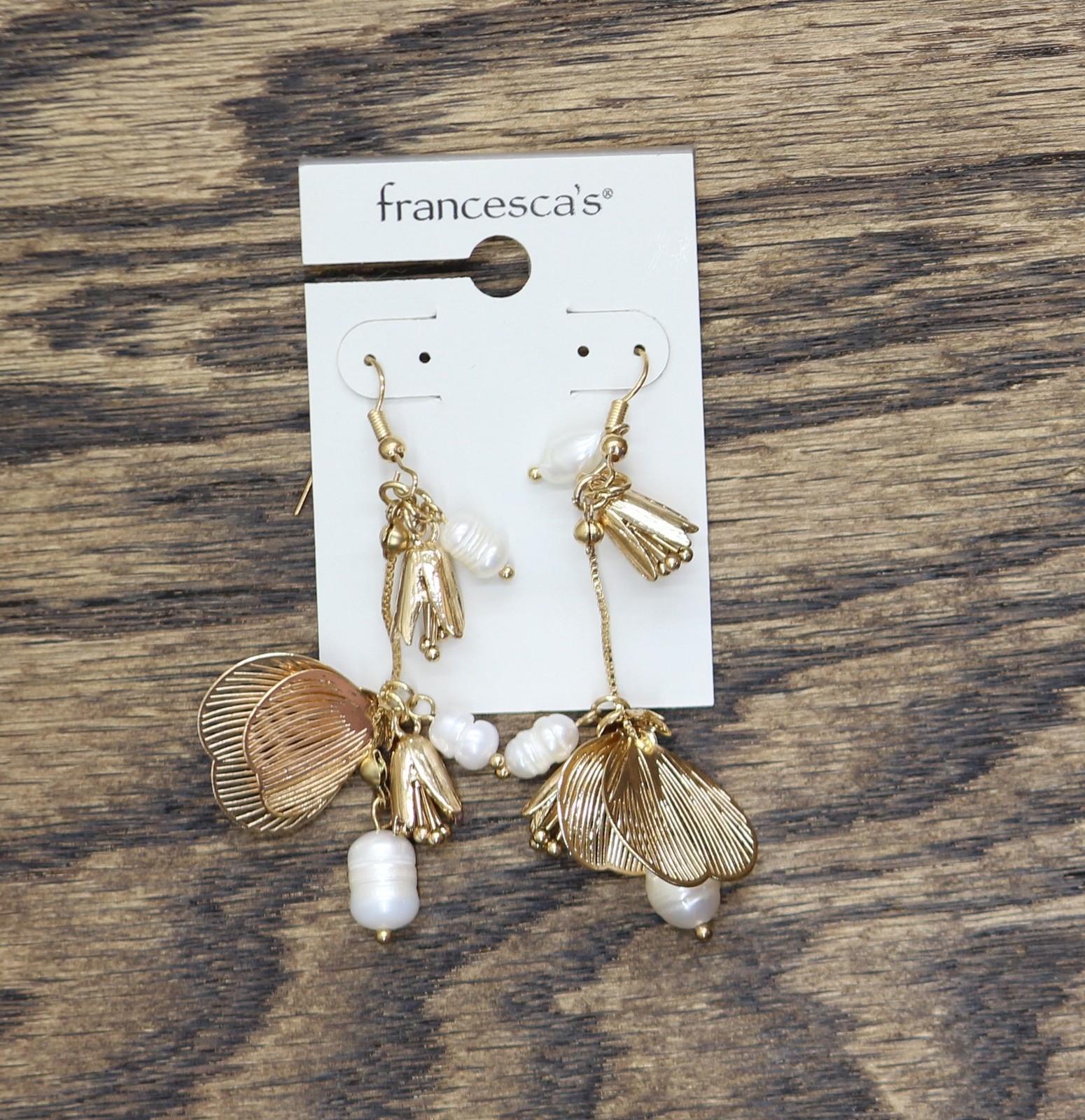 Francesca’s Filigree Petal Cluster Flower Dangly Drop Earrings Gold / White 3″