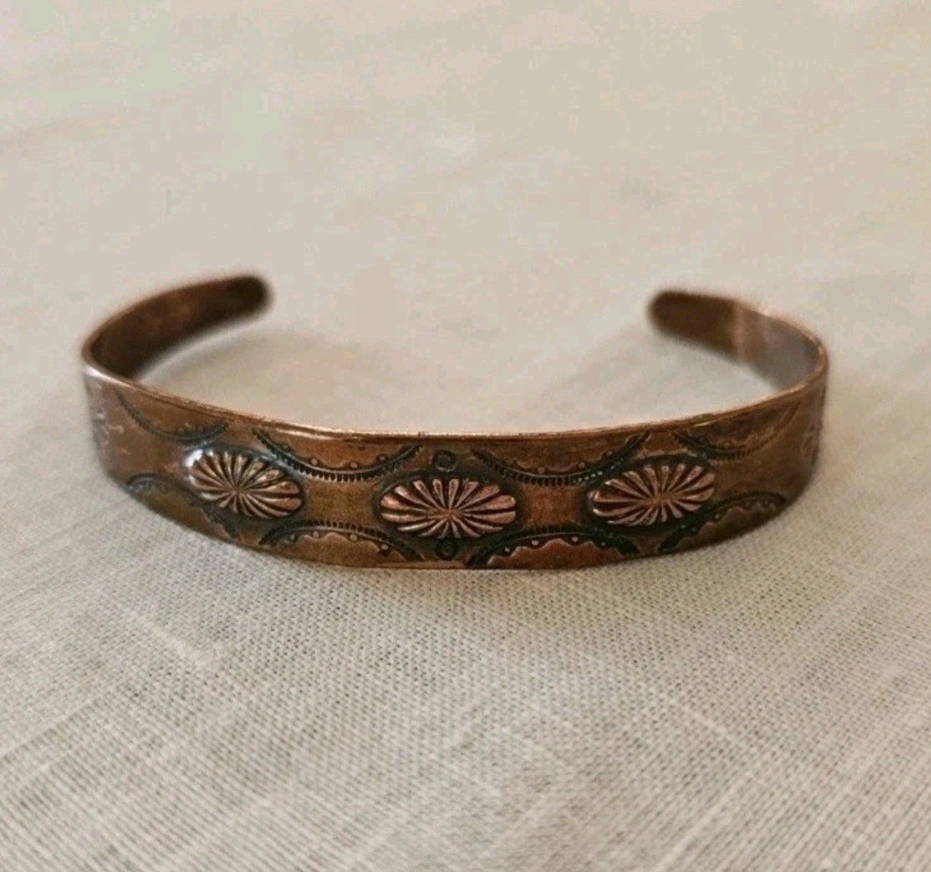 Vintage 50’s Bell Trading Post Solid Copper Cuff Bracelet Stamped Sunburst Small