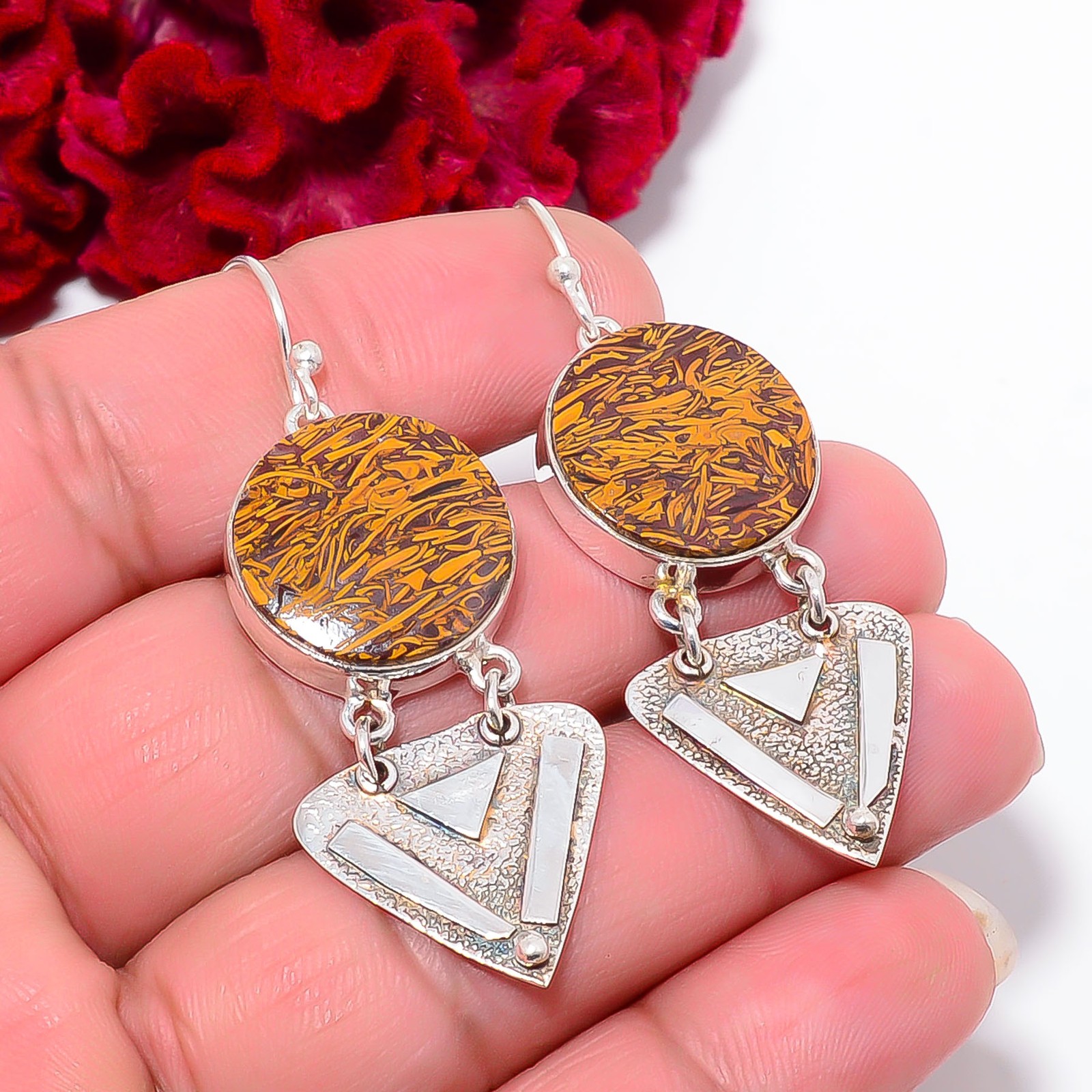 Natural Mariam Jasper Designer Handmade 925 Sterling Silver Earring 2.18″ E11093