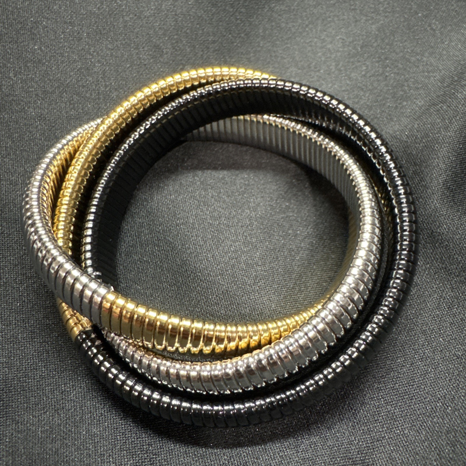 Tricolor Coil Bracelet Plated Gold Silver Black Tone Stretch Bangle (B1)