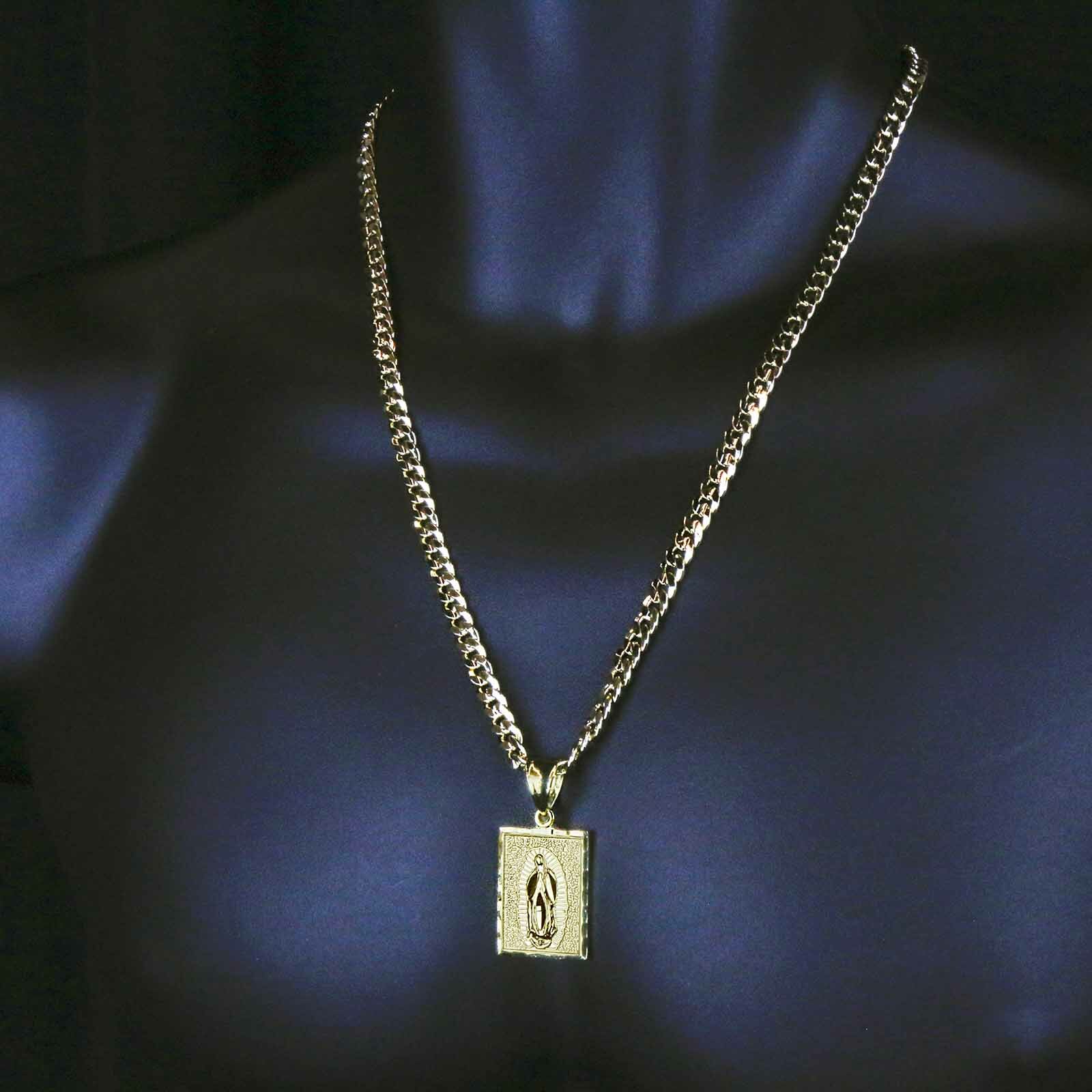 Mens 18k Gold Plated Brass Guadalupe Pendant 6mm 24″ Cuban Chain (L)