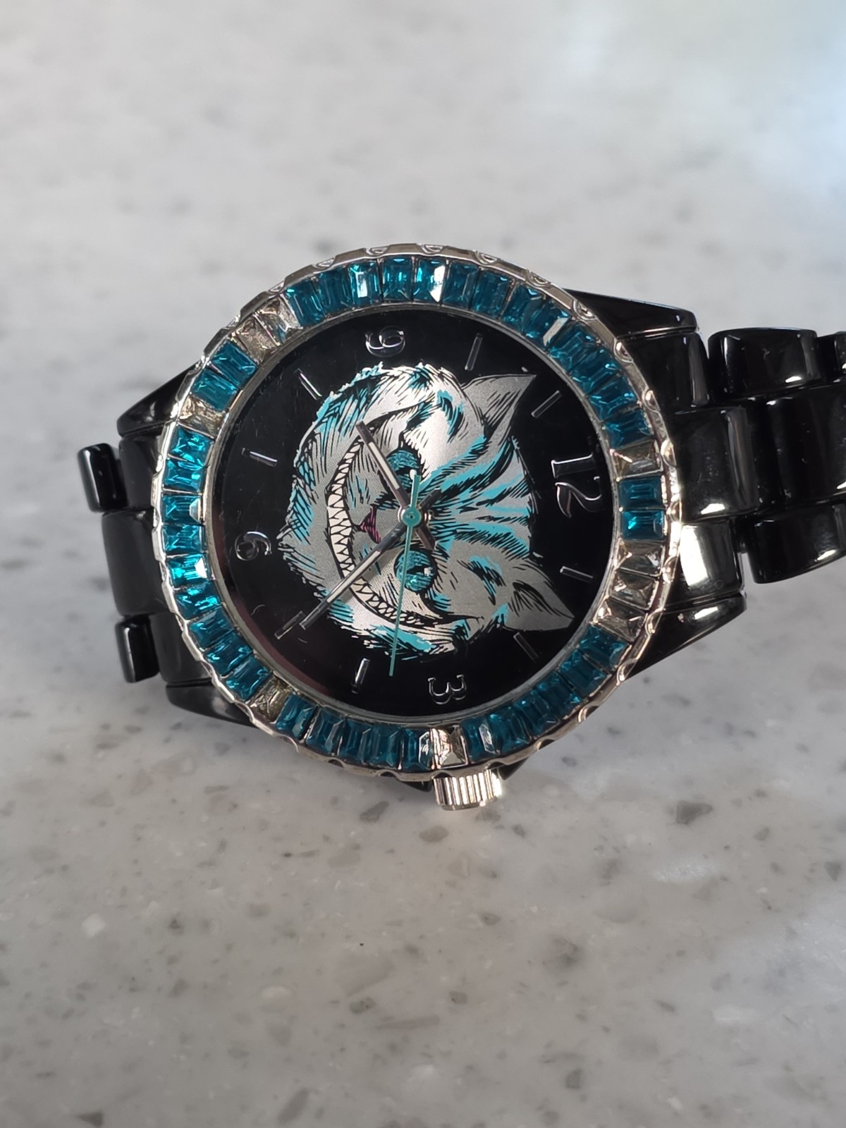 VTG Disney Cheshire Cat Teal Crystal Bezel Accutime Alice In Wonderland W (23C)