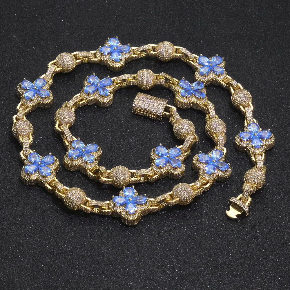 10mm Women’s Four-leaf Clover Iced CZ Out Tennis Chain Bracelet Men Gold Plated