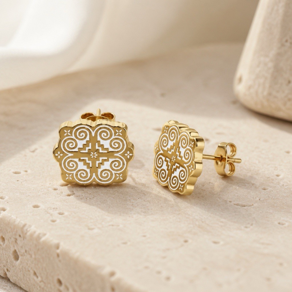 Clover Scroll Filigree Pattern Stud Earrings, Gold Tone Metal, Butterfly Back