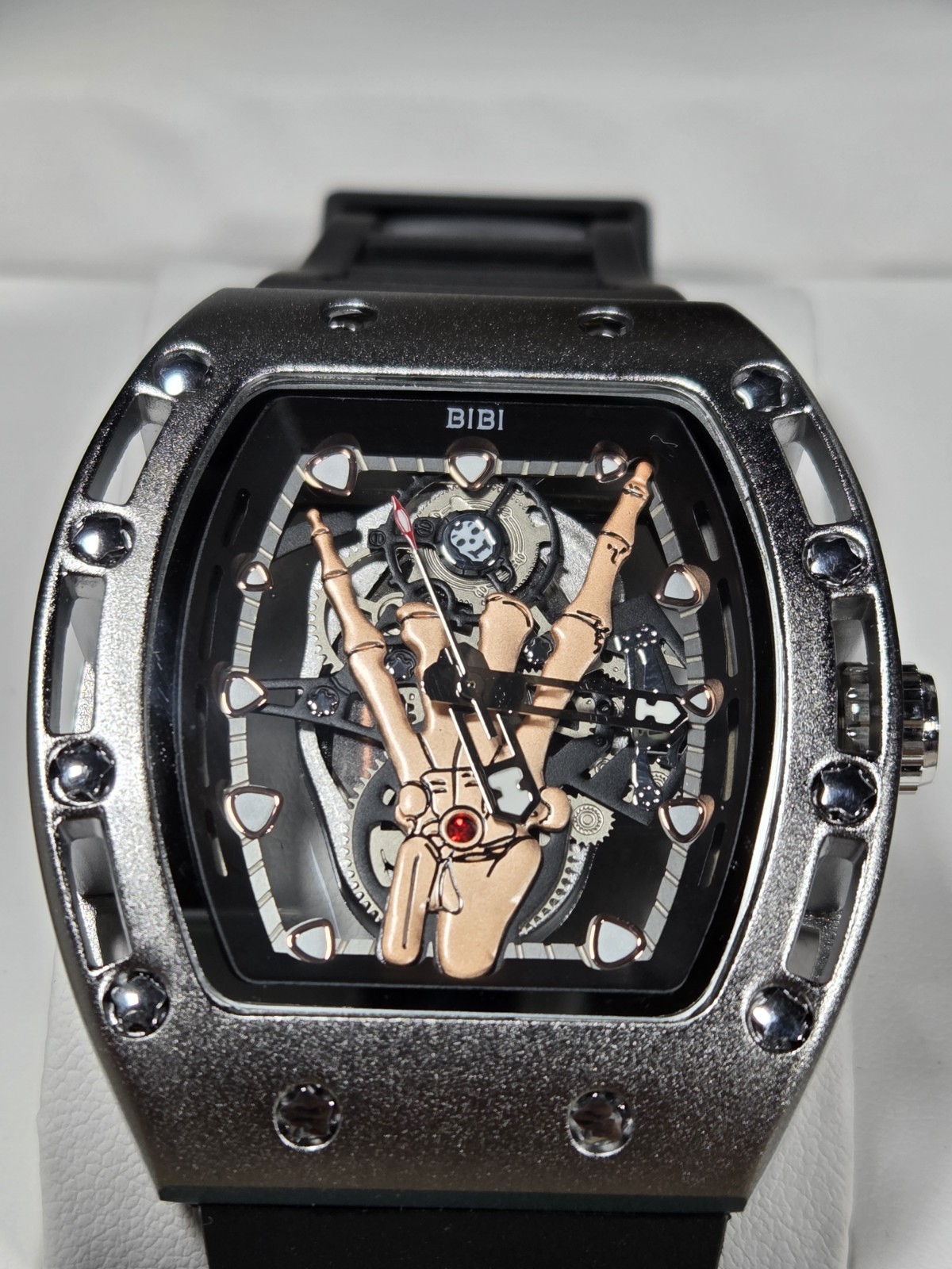 BIBI Luxury Watch B0292 Black Skeleton Dial, Silver Case, Black Silicone Band