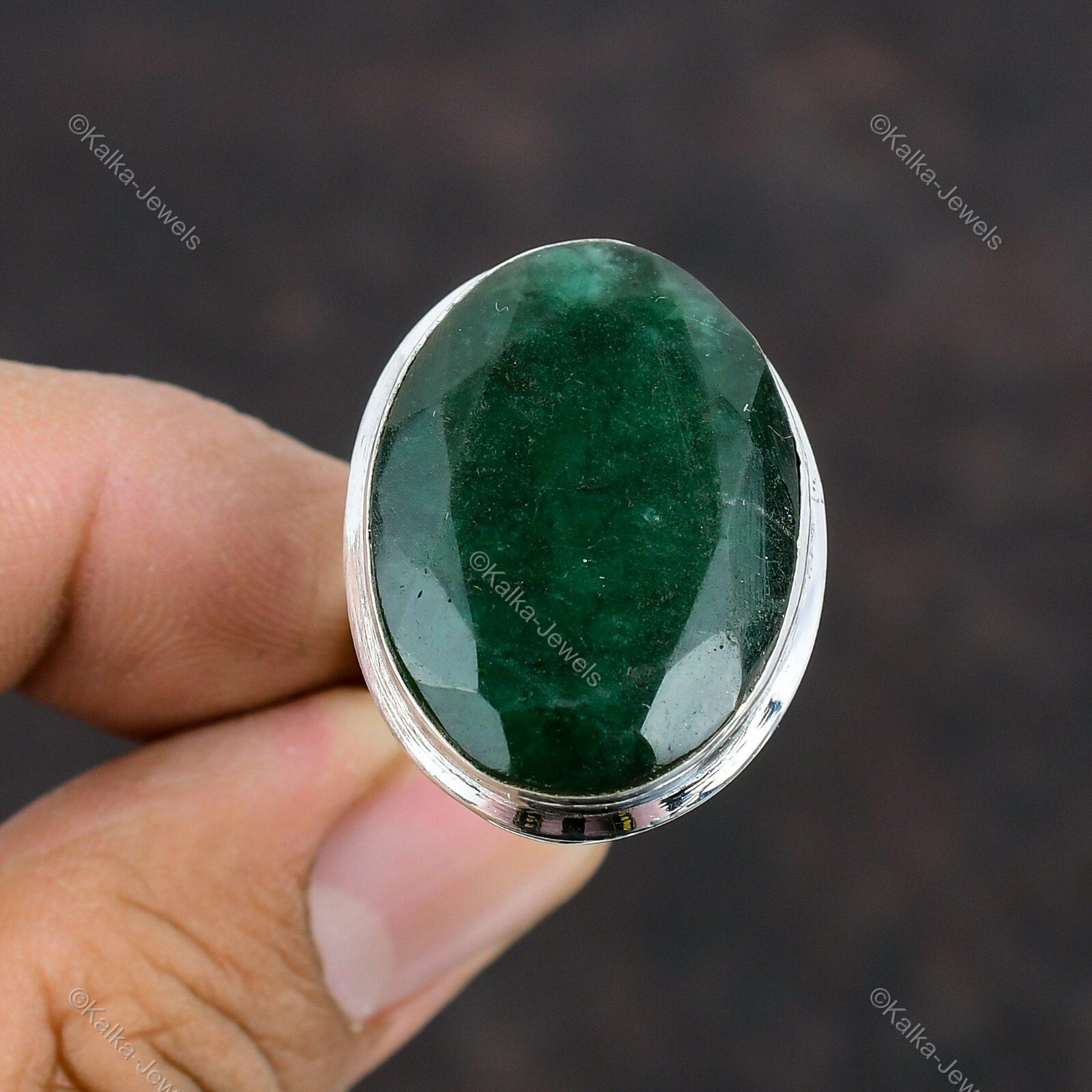 Natural Zambian Emrald Gemstone 925 Silver Solitaire Adjustable Ring For Women
