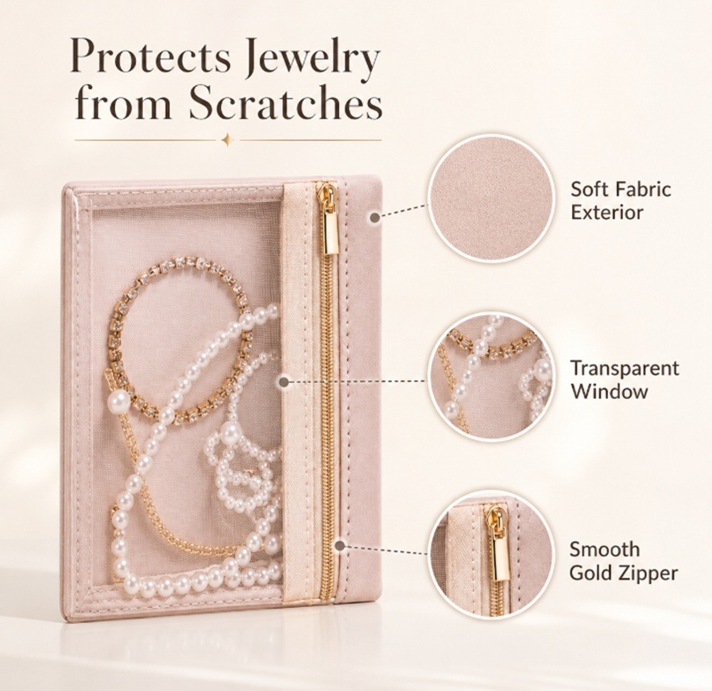 6-Pack Travel Jewelry Organizer Pouch Clear Velvet Bags Zipper Case for Jewelry