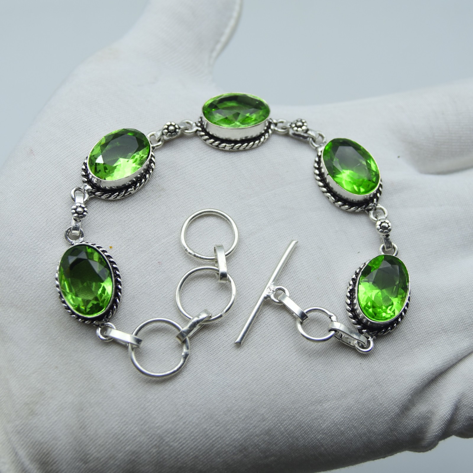 Green Peridot Gemstone Chain Bracelet 925 Sterling Silver Jewelry ADJ 8″