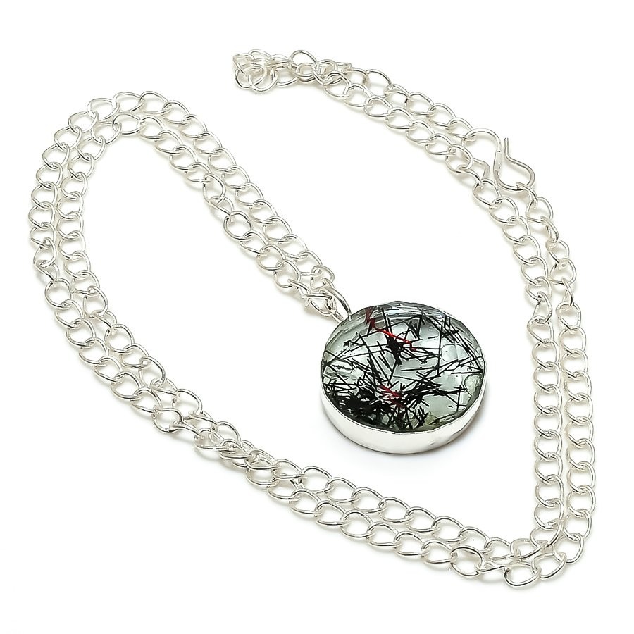 Black Rutile Gemstone Handmade 925 Sterling Silver Jewelry Necklace 18″