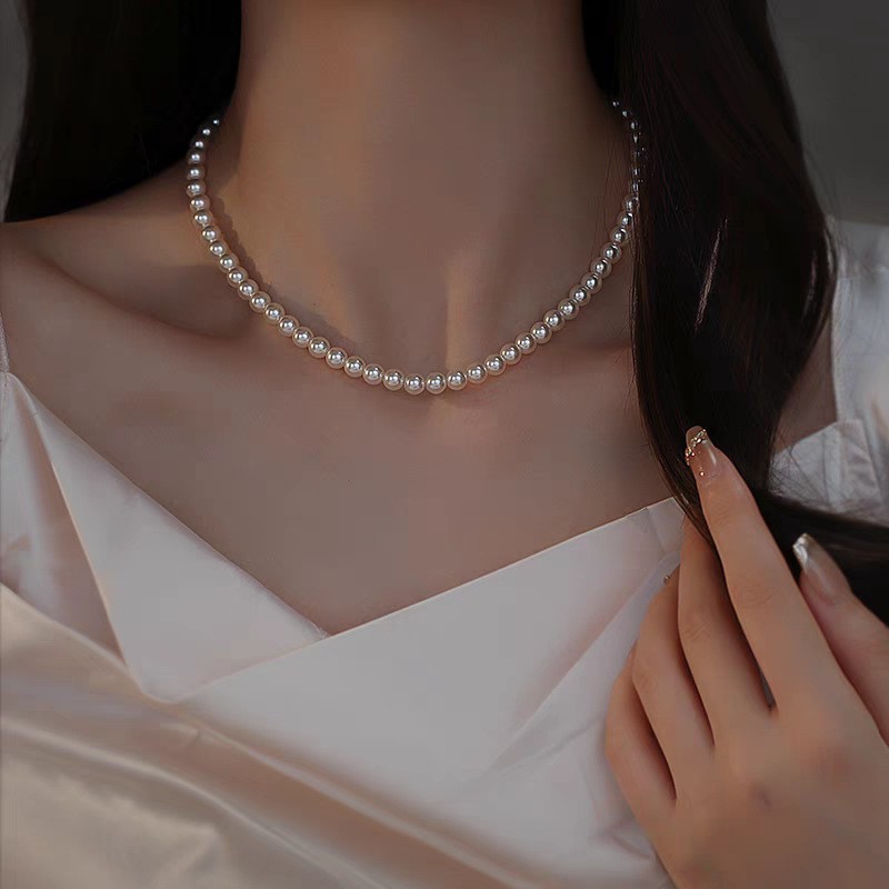 6 mm White Pearls Chain Choker Necklace Lobster Clasp Adjustable