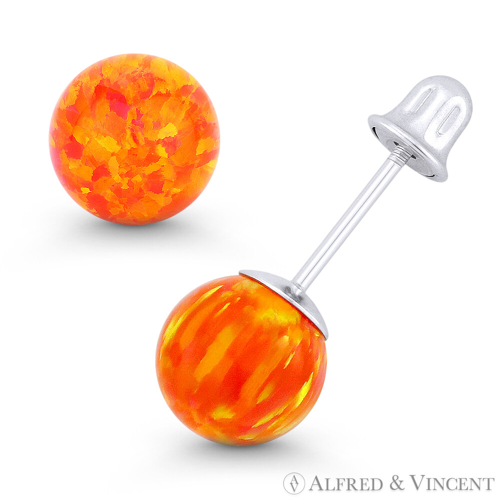 Fiery Orange & Red Synthetic Opal Ball Screwback Stud Earrings in 14k White Gold